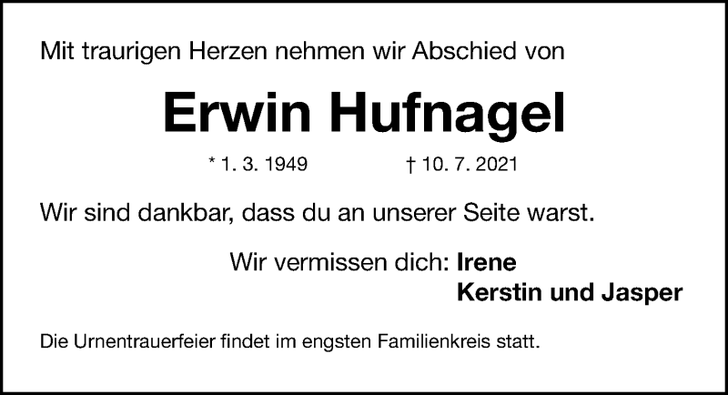  Traueranzeige für Erwin Hufnagel vom 17.07.2021 aus Fürther Nachrichten Lokal