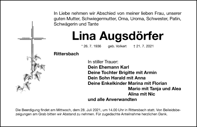  Traueranzeige für Lina Augsdörfer vom 24.07.2021 aus Roth-Hilpoltsteiner Volkszeitung Lokal