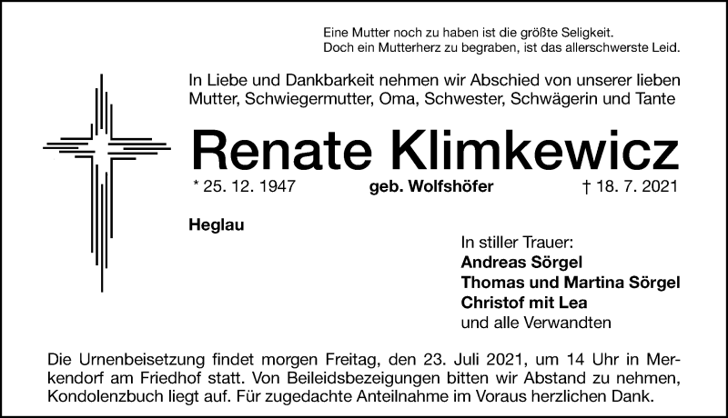  Traueranzeige für Renate Klimkewicz vom 22.07.2021 aus Altmühl-Bote Lokal