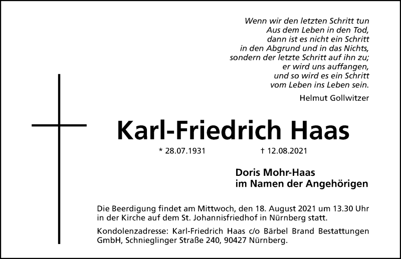  Traueranzeige für Karl-Friedrich Haas vom 16.08.2021 aus Gesamtausgabe Nürnberger Nachrichten/ Nürnberger Ztg.