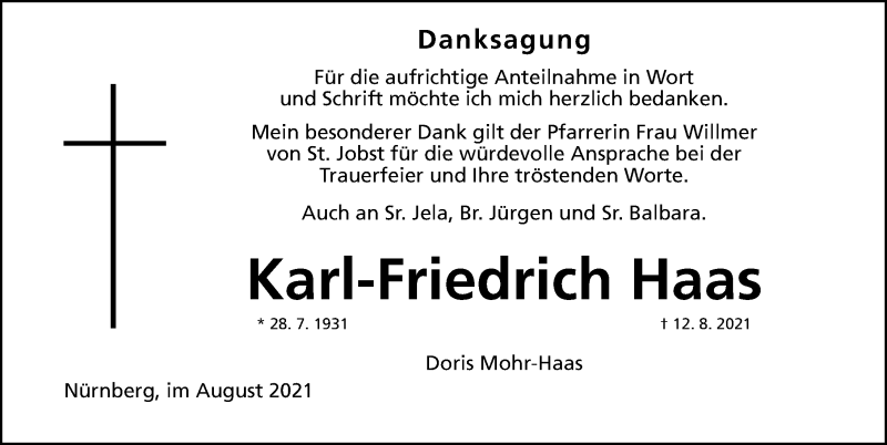  Traueranzeige für Karl-Friedrich Haas vom 28.08.2021 aus Gesamtausgabe Nürnberger Nachrichten/ Nürnberger Ztg.