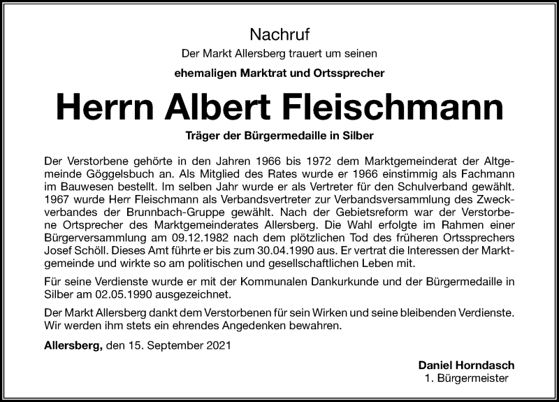  Traueranzeige für Albert Fleischmann vom 15.09.2021 aus Roth-Hilpoltsteiner Volkszeitung Lokal