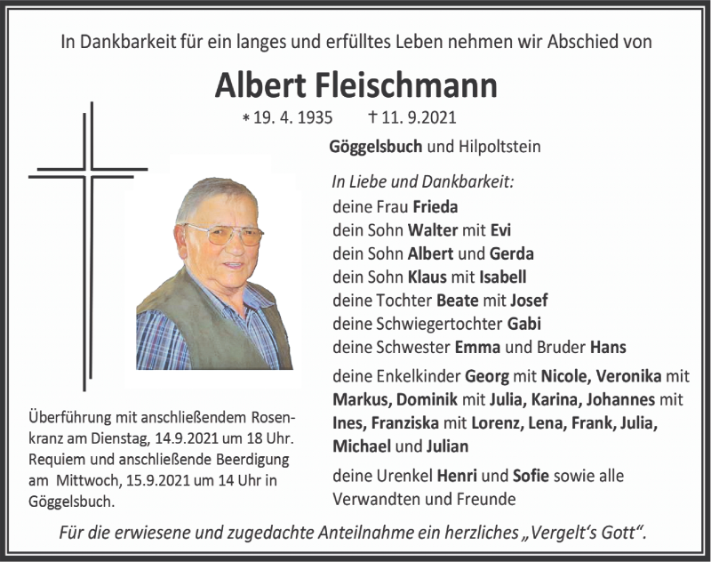  Traueranzeige für Albert Fleischmann vom 14.09.2021 aus Roth-Hilpoltsteiner Volkszeitung Lokal