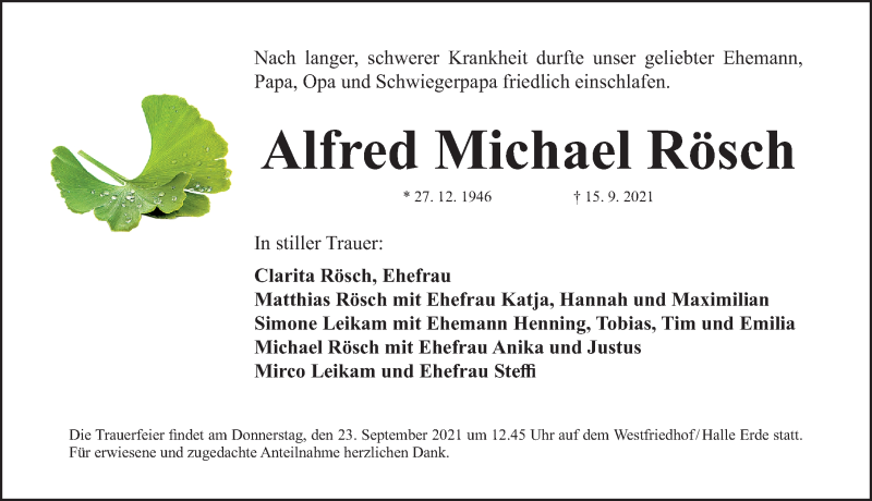  Traueranzeige für Alfred  Rösch vom 22.09.2021 aus Gesamtausgabe Nürnberger Nachrichten/ Nürnberger Ztg.