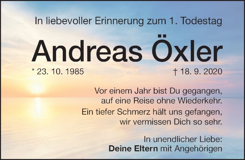  Traueranzeige für Andreas Öxler vom 18.09.2021 aus Altmühl-Bote Lokal