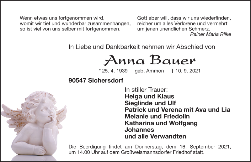  Traueranzeige für Anna Bauer vom 14.09.2021 aus Fürther Nachrichten Lokal