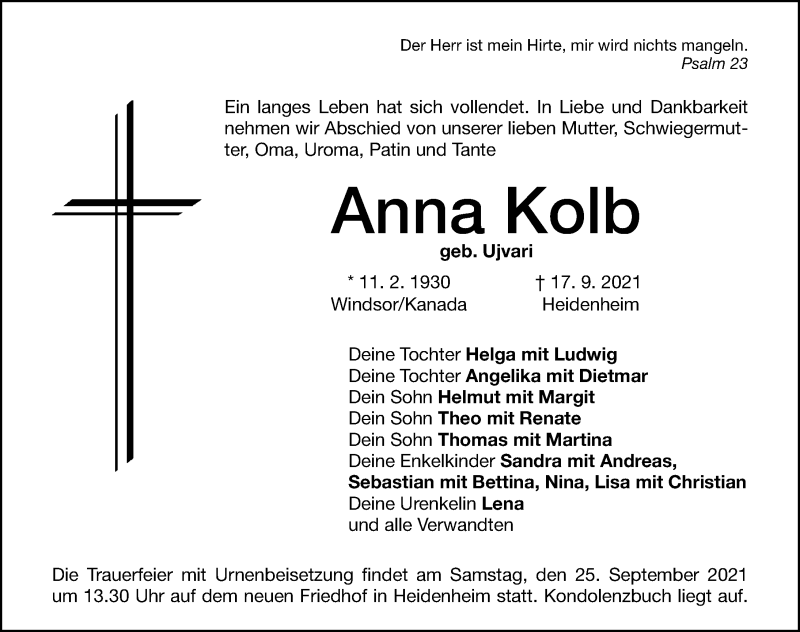  Traueranzeige für Anna Kolb vom 23.09.2021 aus Altmühl-Bote Lokal