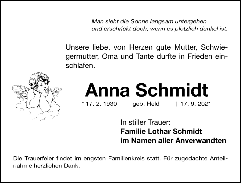  Traueranzeige für Anna Schmidt vom 22.09.2021 aus Gesamtausgabe Nürnberger Nachrichten/ Nürnberger Ztg.
