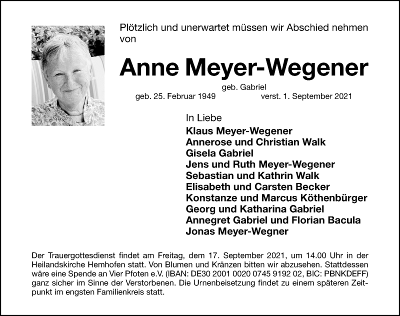  Traueranzeige für Anne Meyer-Wegener vom 14.09.2021 aus Nordbayerische Nachrichten Herzogenaurach Lokal