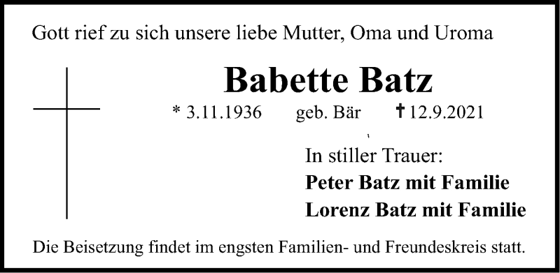  Traueranzeige für Babette Batz vom 22.09.2021 aus Erlanger Nachrichten Lokal