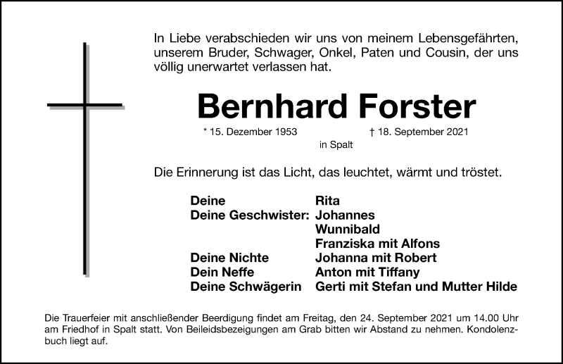  Traueranzeige für Bernhard Forster vom 22.09.2021 aus Gesamtausgabe Nürnberger Nachrichten/ Nürnberger Ztg./ Roth-Hilpoltsteiner Volkszeitung