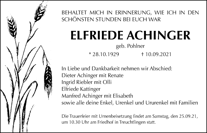  Traueranzeige für Elfriede Achinger vom 23.09.2021 aus Weißenburger Tagblatt u.Treuchtlinger Kurier Lokal