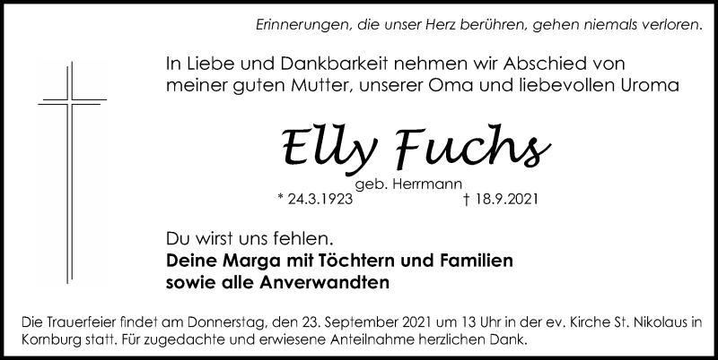  Traueranzeige für Elli Fuchs vom 22.09.2021 aus Gesamtausgabe Nürnberger Nachrichten/ Nürnberger Ztg.