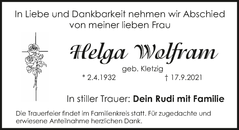  Traueranzeige für Helga Wolfram vom 22.09.2021 aus Gesamtausgabe Nürnberger Nachrichten/ Nürnberger Ztg.