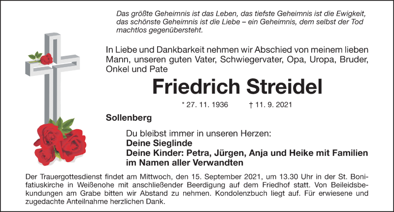  Traueranzeige für Friedrich Streidel vom 14.09.2021 aus Nordbayerische Nachrichten Forchheim Lokal