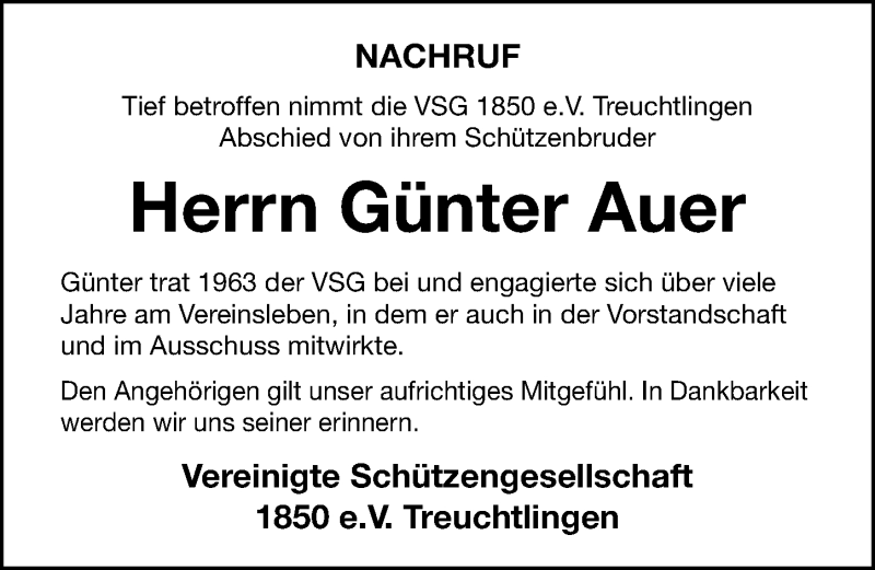  Traueranzeige für Günter Auer vom 22.09.2021 aus Weißenburger Tagblatt u.Treuchtlinger Kurier Lokal