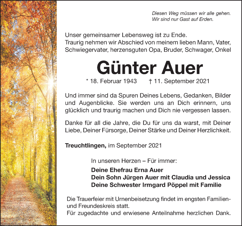  Traueranzeige für Günter Auer vom 16.09.2021 aus Weißenburger Tagblatt u.Treuchtlinger Kurier Lokal