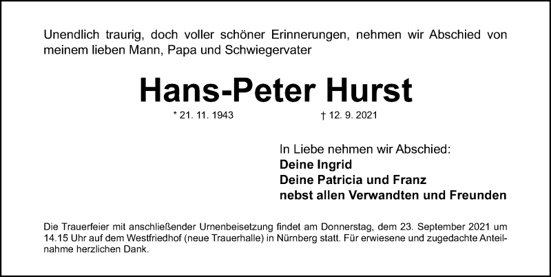  Traueranzeige für Hans-Peter Hurst vom 22.09.2021 aus Gesamtausgabe Nürnberger Nachrichten/ Nürnberger Ztg.
