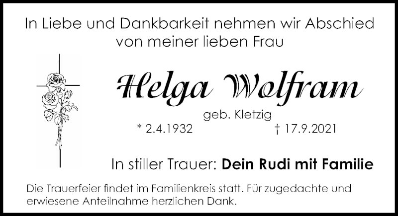  Traueranzeige für Helga Wolfram vom 25.09.2021 aus Gesamtausgabe Nürnberger Nachrichten/ Nürnberger Ztg.
