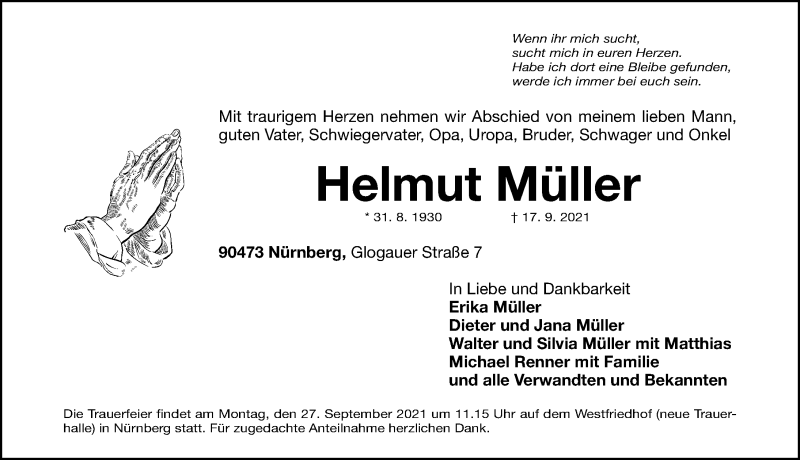  Traueranzeige für Helmut Müller vom 23.09.2021 aus Gesamtausgabe Nürnberger Nachrichten/ Nürnberger Ztg.