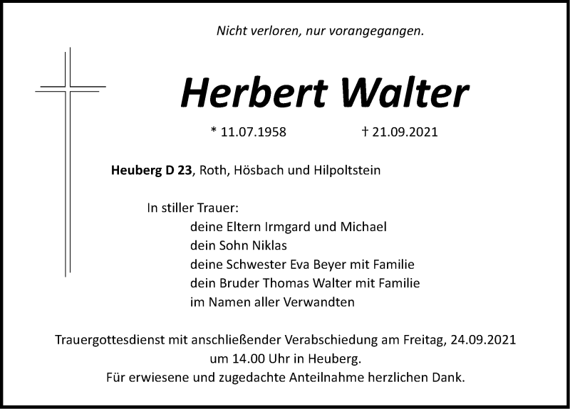  Traueranzeige für Herbert Walter vom 23.09.2021 aus Roth-Hilpoltsteiner Volkszeitung Lokal