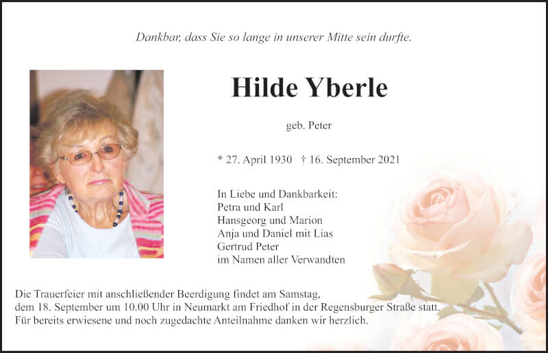 Traueranzeige für Hilde Yberle vom 18.09.2021 aus Neumarkter Nachrichten Lokal