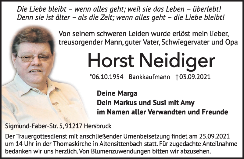  Traueranzeige für Horst Neidiger vom 22.09.2021 aus Gesamtausgabe Nürnberger Nachrichten/ Nürnberger Ztg.