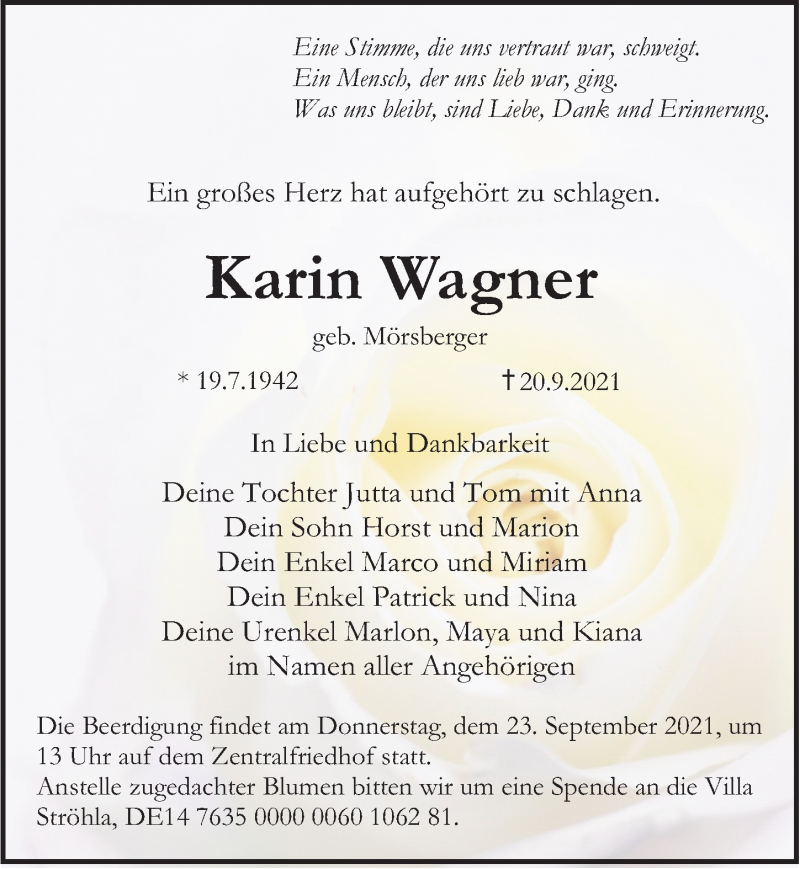  Traueranzeige für Karin Wagner vom 22.09.2021 aus Erlanger Nachrichten Lokal