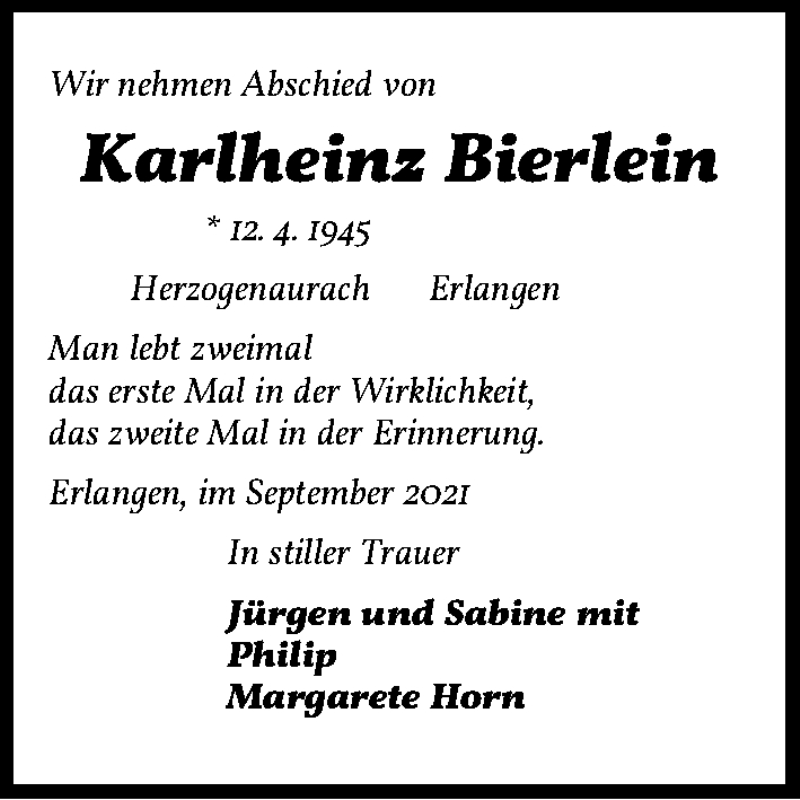  Traueranzeige für Karlheinz Bierlein vom 22.09.2021 aus Erlanger Nachrichten/ Nordbayer. Nachrichten Herzogenaurach