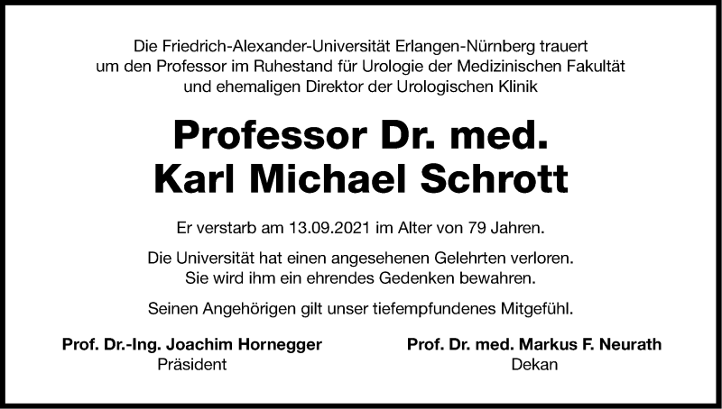  Traueranzeige für Karl Michael Schrott vom 22.09.2021 aus Gesamtausgabe Nürnberger Nachrichten/ Nürnberger Ztg.