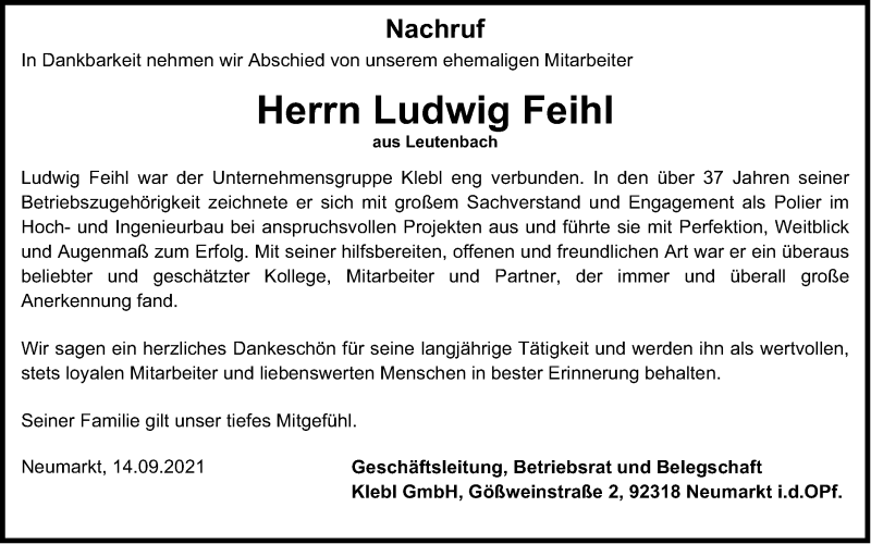  Traueranzeige für Ludwig Feihl vom 14.09.2021 aus Neumarkter Nachrichten Lokal