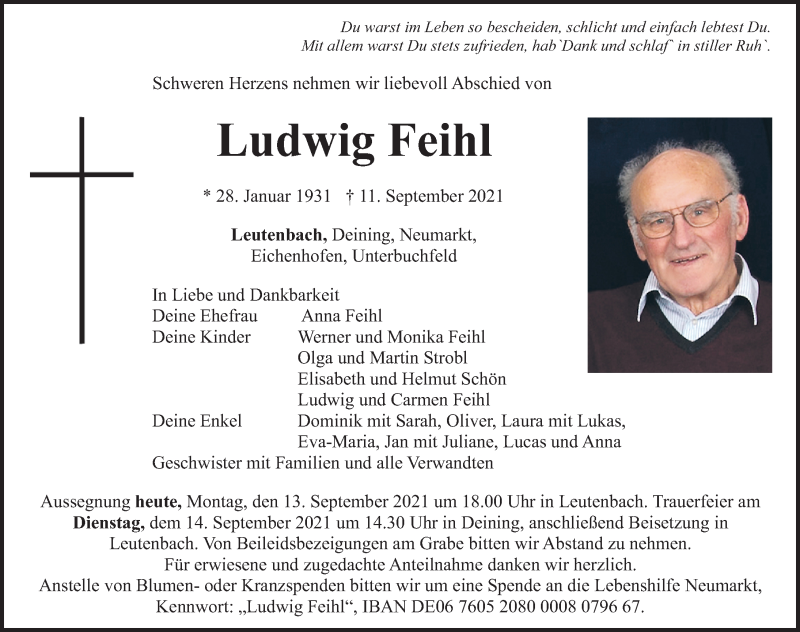  Traueranzeige für Ludwig Feihl vom 13.09.2021 aus Neumarkter Nachrichten Lokal