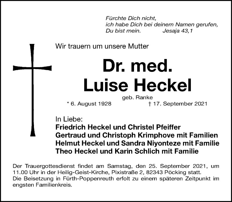  Traueranzeige für Luise Heckel vom 22.09.2021 aus Fürther Nachrichten Lokal