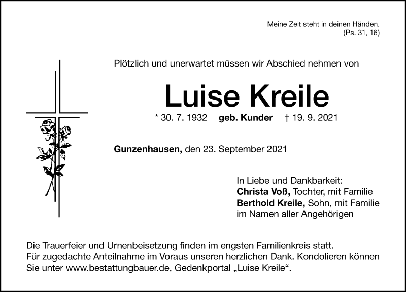  Traueranzeige für Luise Kreile vom 23.09.2021 aus Altmühl-Bote Lokal