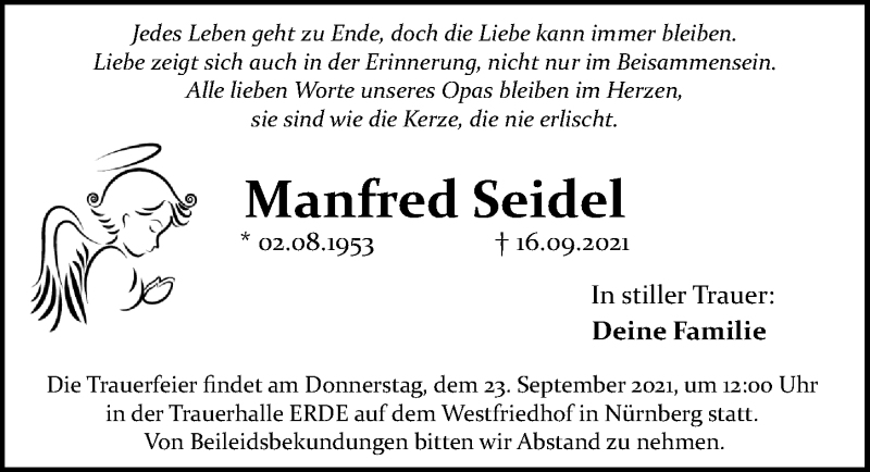  Traueranzeige für Manfred Seidel vom 21.09.2021 aus Gesamtausgabe Nürnberger Nachrichten/ Nürnberger Ztg.