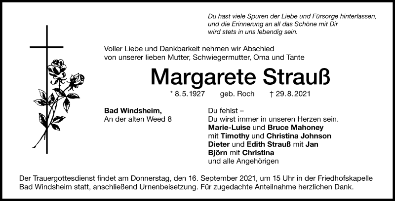  Traueranzeige für Margarete Strauß vom 14.09.2021 aus Windsheimer Zeitung Lokal
