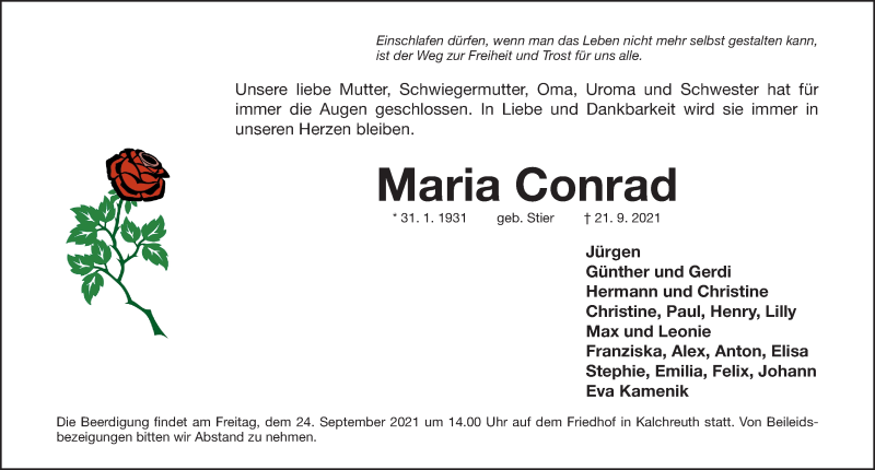  Traueranzeige für Maria Conrad vom 23.09.2021 aus Gesamtausgabe Nürnberger Nachrichten/ Nürnberger Ztg.