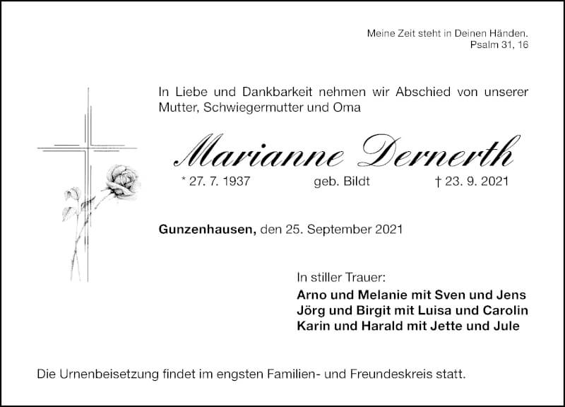  Traueranzeige für Marianne Dernerth vom 25.09.2021 aus Altmühl-Bote Lokal