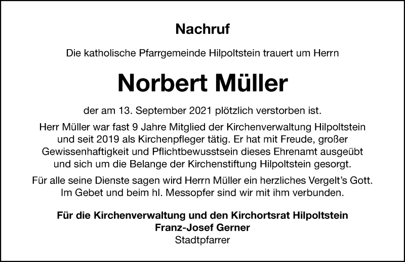  Traueranzeige für Norbert Müller vom 23.09.2021 aus Roth-Hilpoltsteiner Volkszeitung Lokal