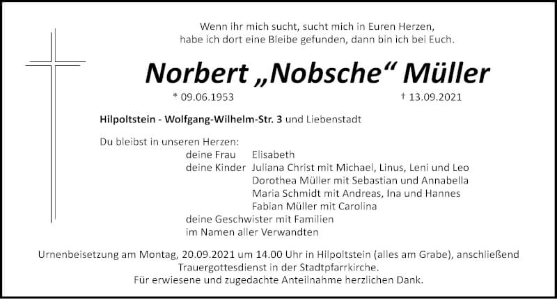  Traueranzeige für Norbert Müller vom 18.09.2021 aus Roth-Hilpoltsteiner Volkszeitung Lokal