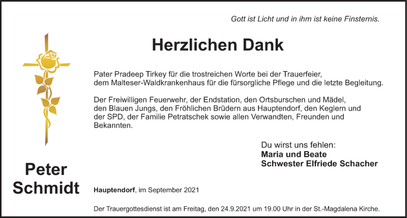  Traueranzeige für Peter Schmidt vom 22.09.2021 aus Nordbayerische Nachrichten Herzogenaurach Lokal