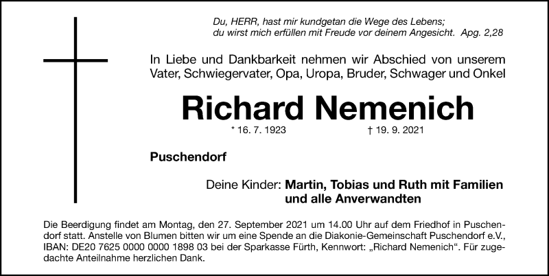  Traueranzeige für Richard Nemenich vom 23.09.2021 aus Fürther Nachrichten Lokal