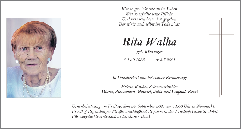  Traueranzeige für Rita Walha vom 22.09.2021 aus Neumarkter Nachrichten Lokal