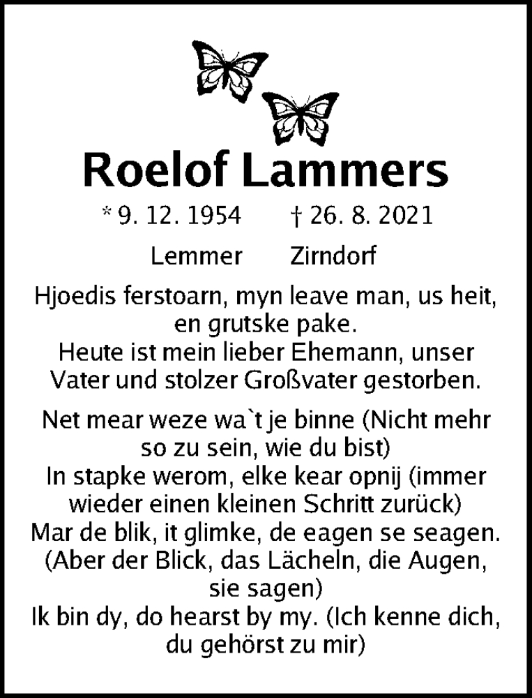  Traueranzeige für Roelof Lammers vom 14.09.2021 aus Fürther Nachrichten Lokal