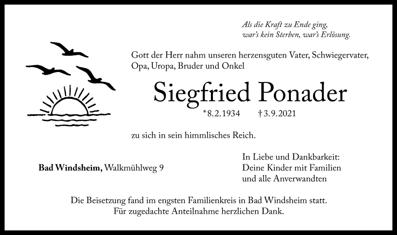  Traueranzeige für Siegfried Ponader vom 22.09.2021 aus Windsheimer Zeitung Lokal