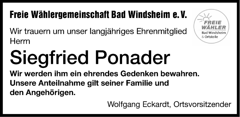  Traueranzeige für Siegfried Ponader vom 23.09.2021 aus Windsheimer Zeitung Lokal