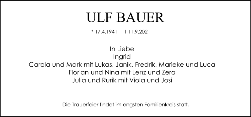  Traueranzeige für Ulf Bauer vom 22.09.2021 aus Gesamtausgabe Nürnberger Nachrichten/ Nürnberger Ztg.