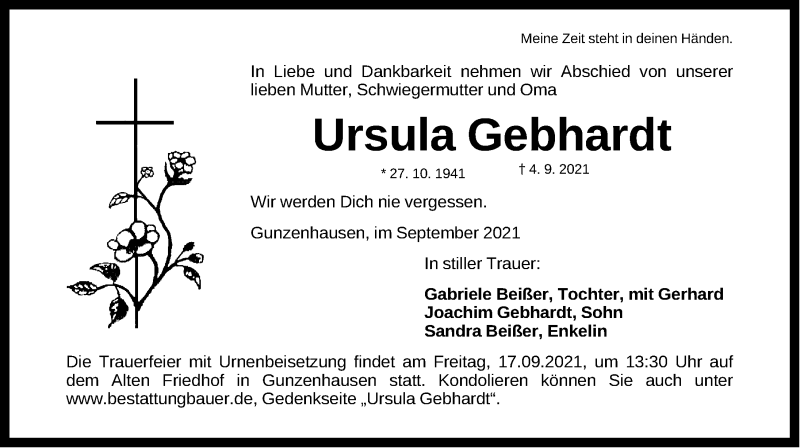  Traueranzeige für Ursula Gebhardt vom 14.09.2021 aus Altmühl-Bote Lokal