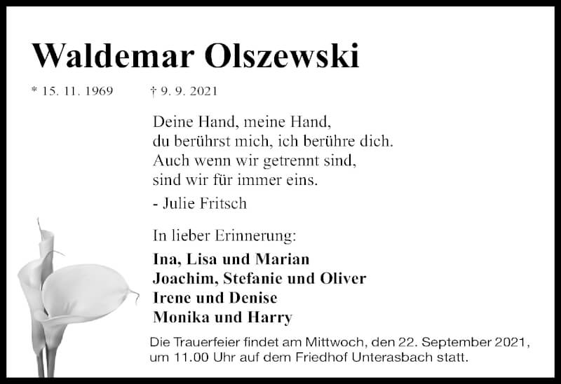  Traueranzeige für Waldemar Olszewski vom 17.09.2021 aus Fürther Nachrichten Lokal
