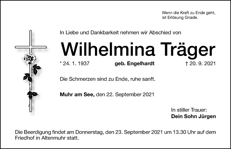  Traueranzeige für Wilhelmina Träger vom 22.09.2021 aus Altmühl-Bote Lokal